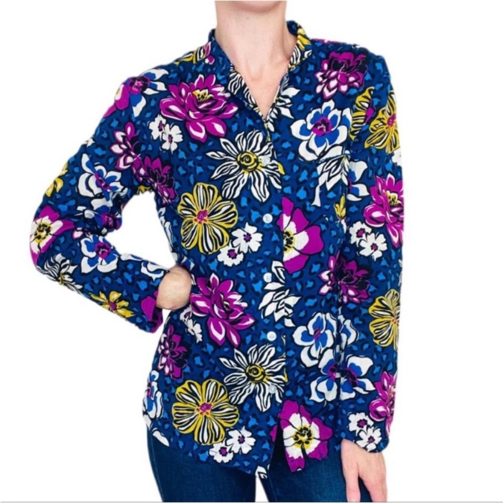 Vera Bradley Blue & Magenta Floral Animal Print Front Button Blouse LG